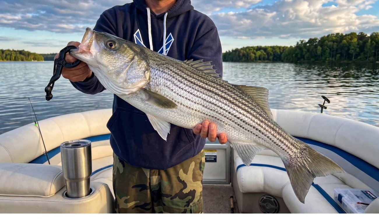 Striper caught aboard the pontoon on Lake Hartwell